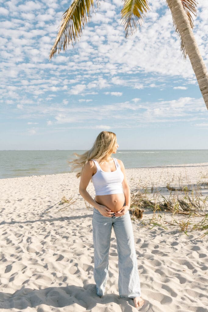 sanibel island beach maternity session palm trees coastal light